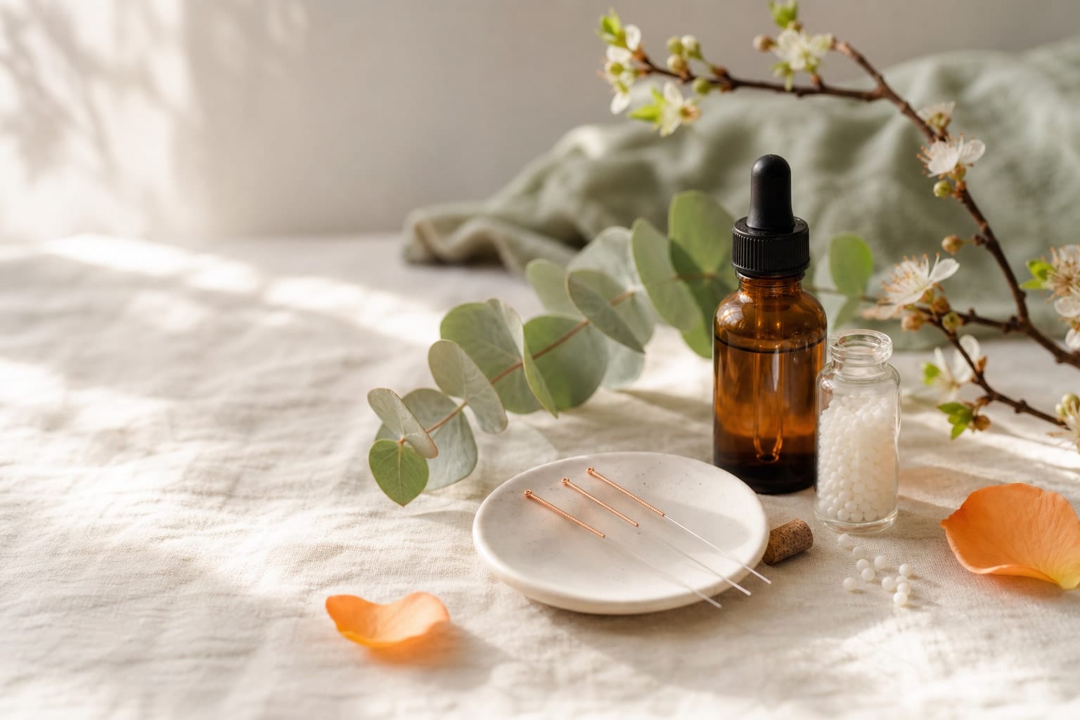 Amber homeopathic remedy bottle, homeopathic pellets and fine acupuncture needles on linen with eucalyptus and spring blossoms
