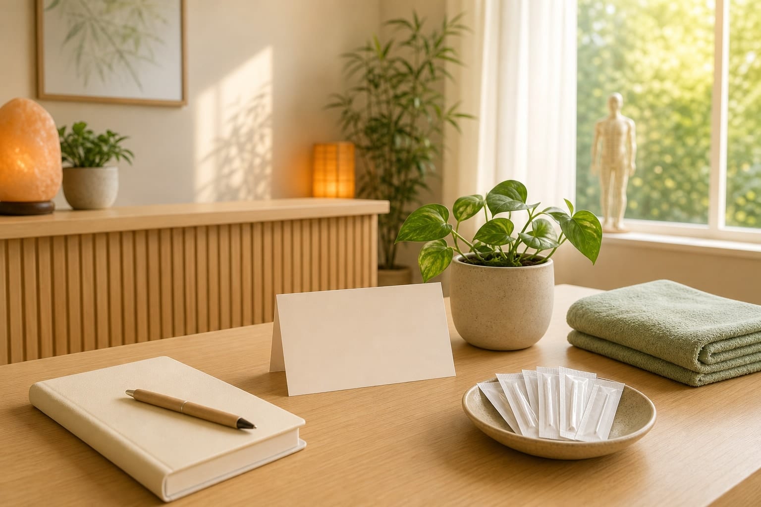 A calm clinic desk with a closed notebook and pen, a blank card, a green potted plant, a folded sage-green towel and a dish of sealed acupuncture needle packets