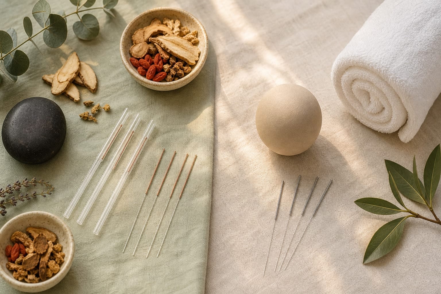 Two sets of fine needles on linen: acupuncture needles with guide tubes beside dried herbs and a heat stone on a sage cloth, and needles beside a massage ball and rolled white towel