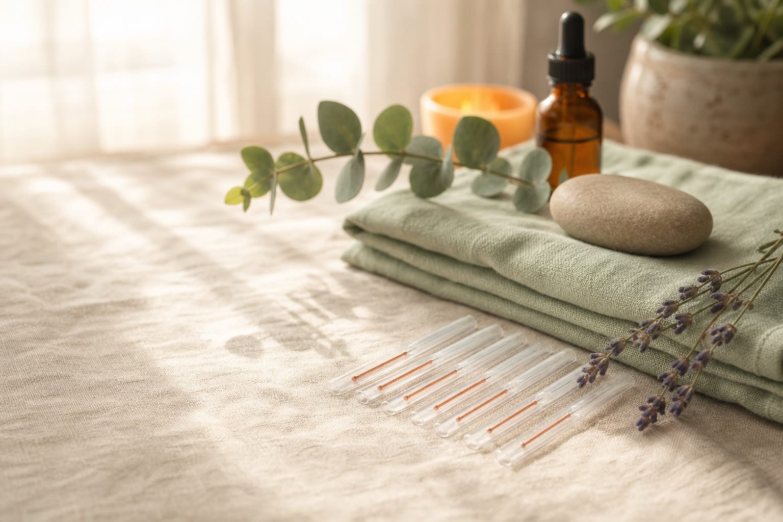 Fine acupuncture needles in guide tubes on linen beside a folded sage-green towel, a smooth heat stone, eucalyptus, lavender and an amber dropper bottle