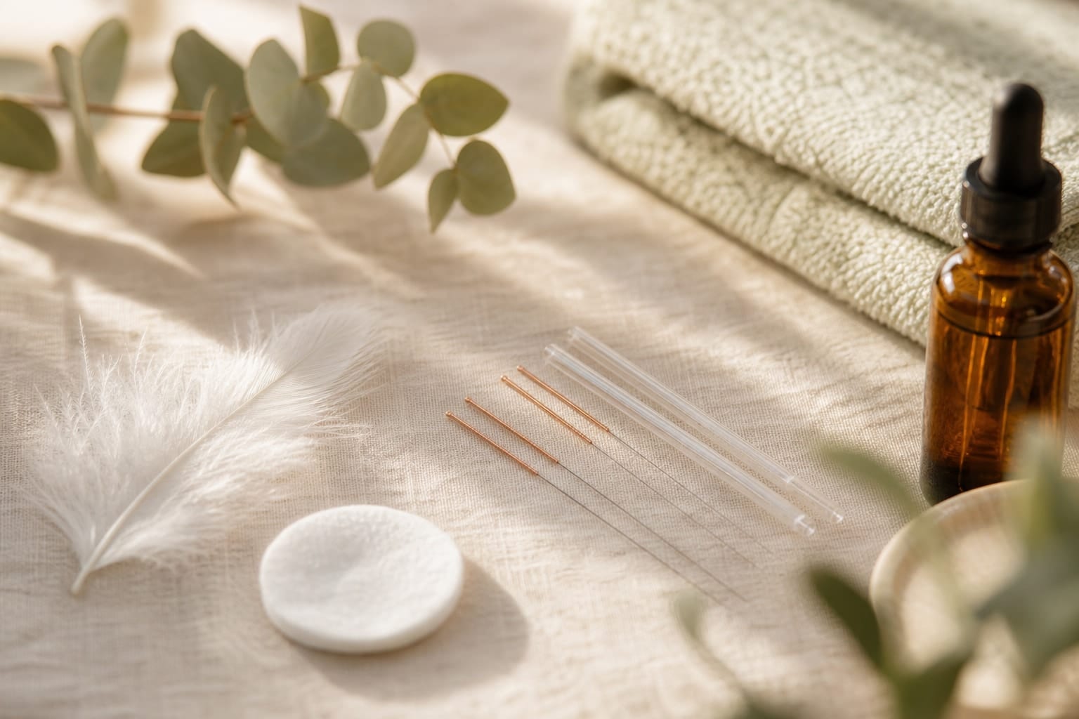 Ultra-fine acupuncture needles and guide tubes on linen beside a soft white feather, a cotton round, eucalyptus, a sage-green towel and an amber dropper bottle